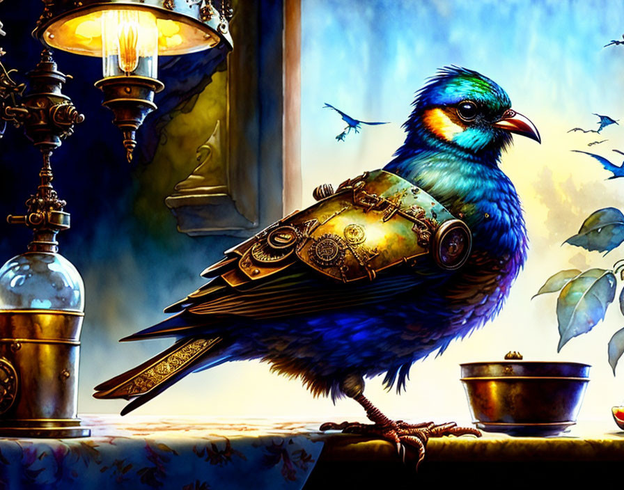 Steampunk-inspired mechanical bird with blue feathers and gears perched indoors.