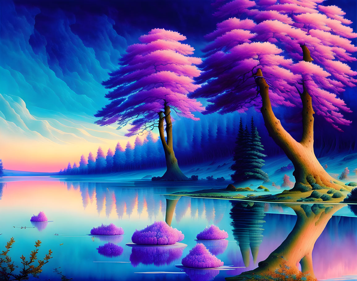 Colorful digital artwork: Tranquil landscape with magenta trees, blue water, sunset sky