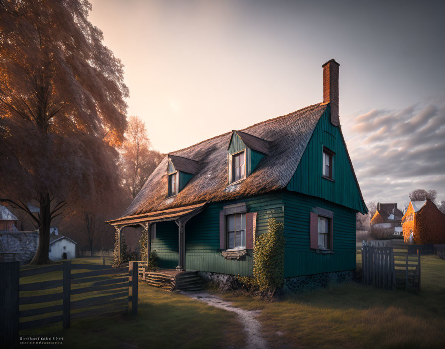 Charming green house with steep roof in autumnal setting