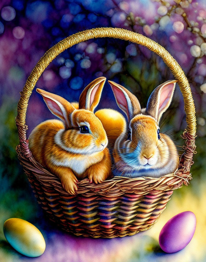 Illustrated rabbits in basket with Easter eggs on bokeh background