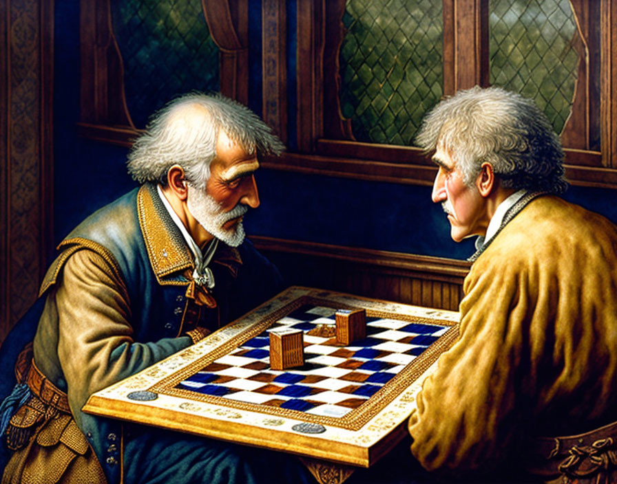 Elderly gentlemen playing strategic board game by window