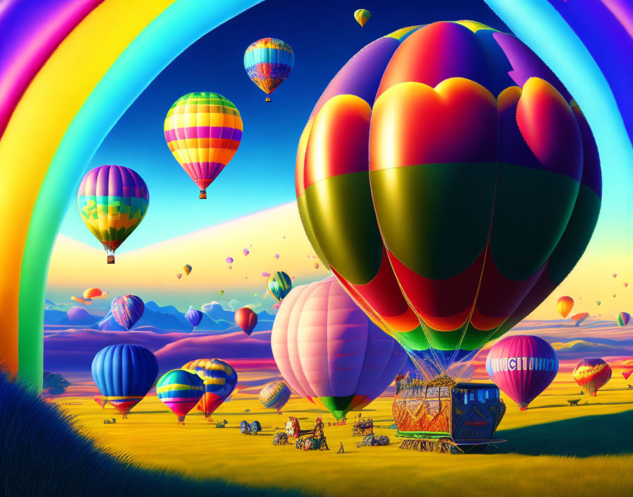 Vibrant hot air balloons over scenic landscape with rainbow