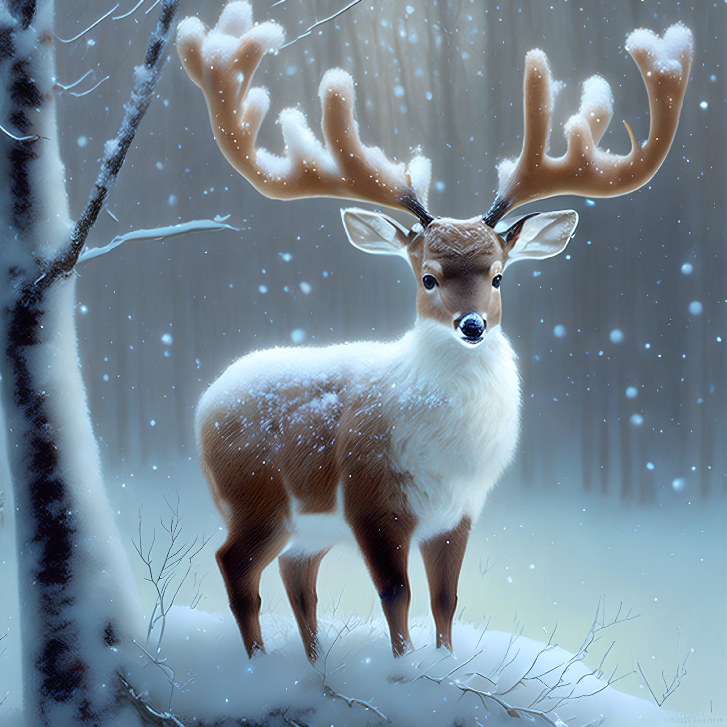 Snow-dusted deer with large antlers in tranquil snowy forest