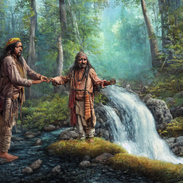 Native American individuals near forest waterfall in misty setting