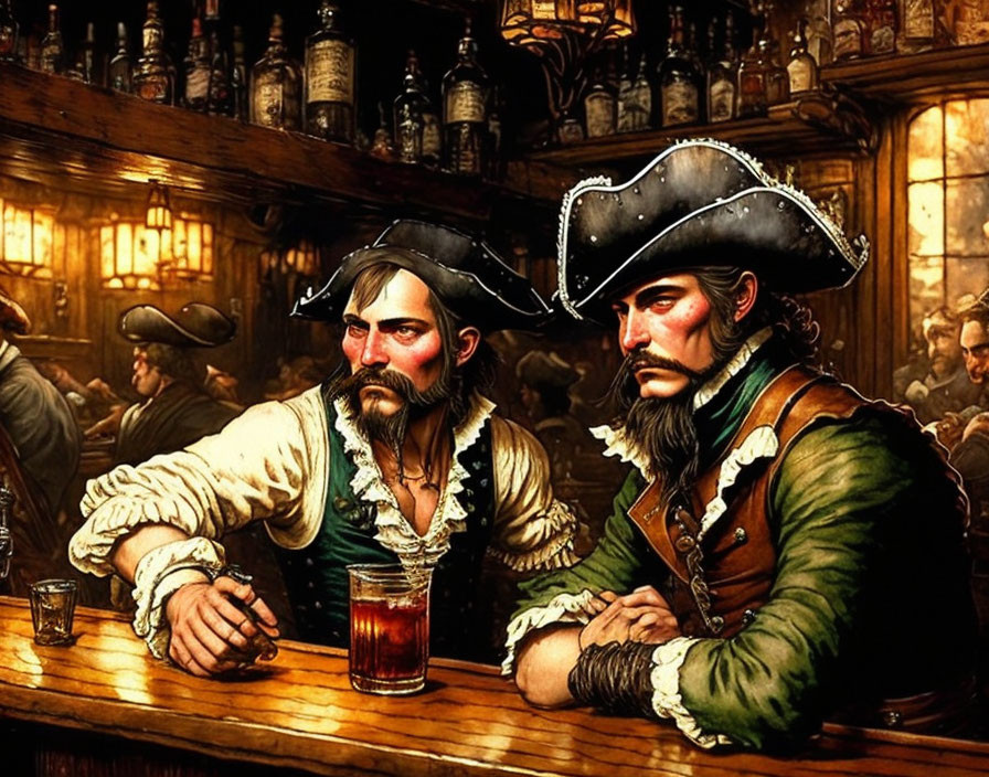 Two pirates in tricorn hats at dimly lit tavern bar surrounded by patrons