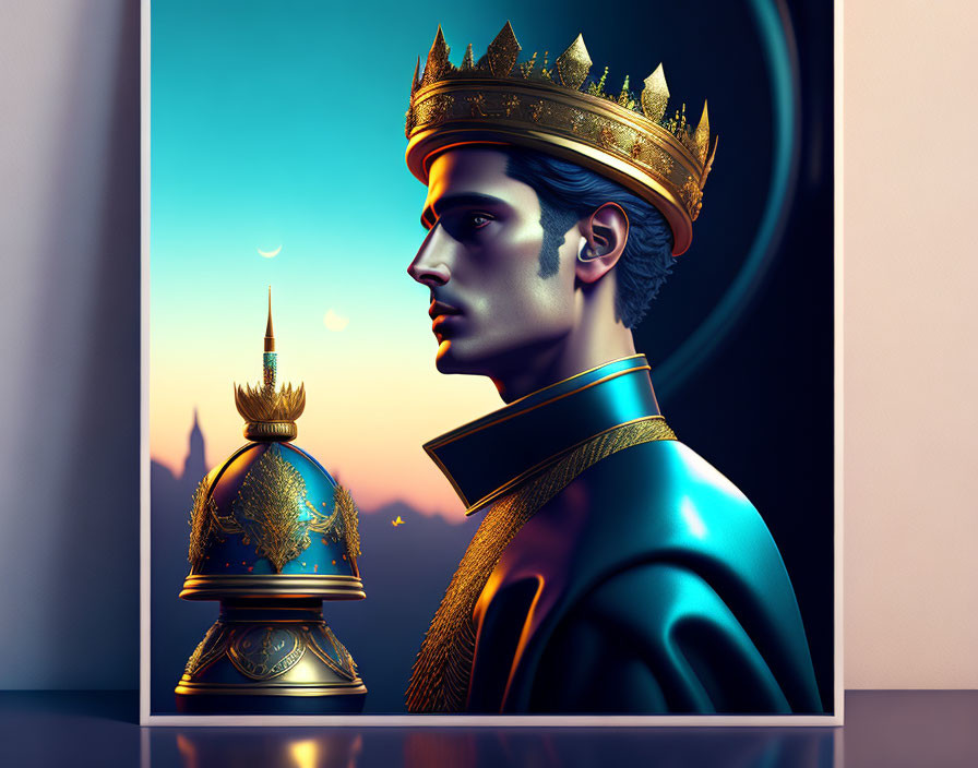 Regal figure with golden crown and knight chess piece in digital art