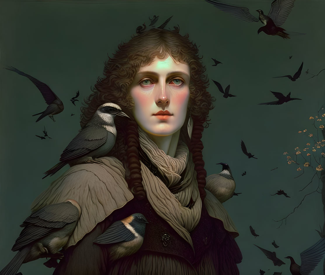 Surreal portrait of a person with birds, somber color palette