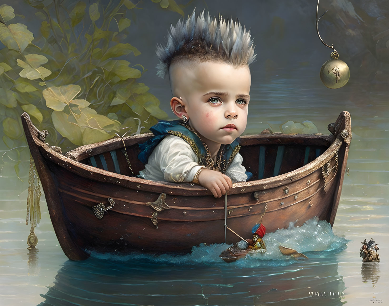 Child with spiky hair fishing in wooden boat surrounded by water and foliage