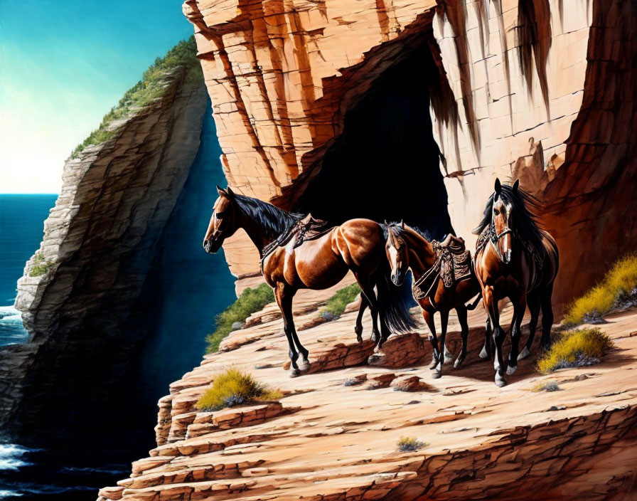 Three Horses on Rocky Seaside Cliff with Cave Entrance