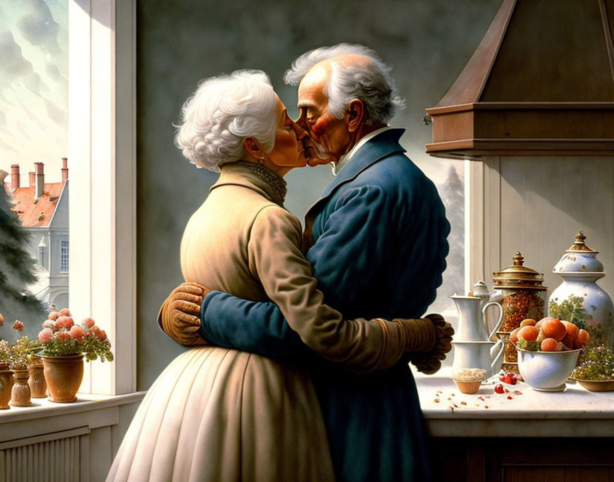 Elderly couple kissing in cozy kitchen with fruits and pastries