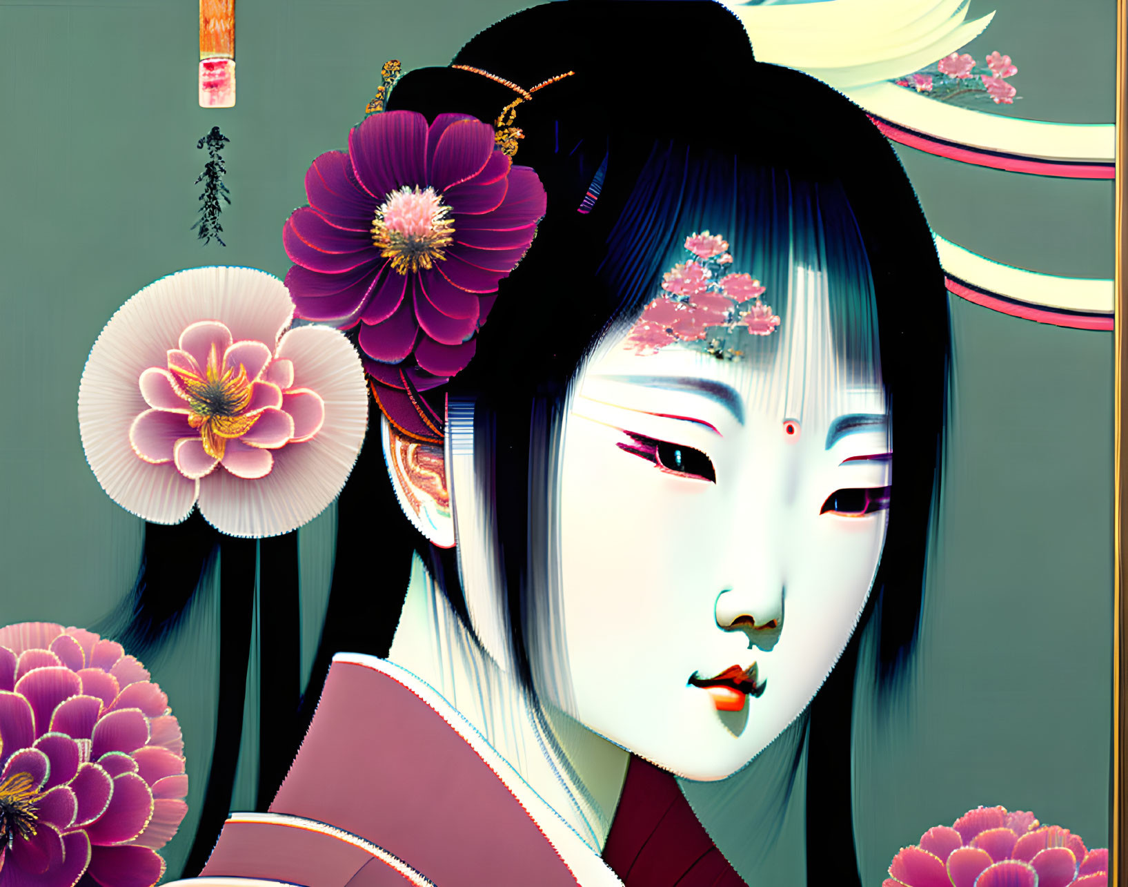 Digital illustration of woman with Japanese geisha appearance and floral elements.