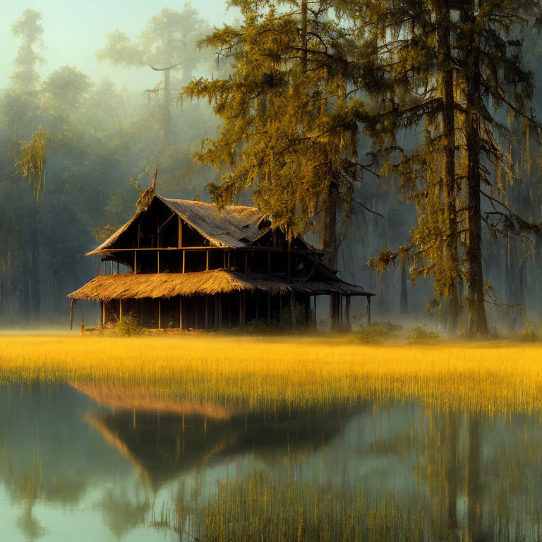 Tranquil Lake Scene with Thatched-Roof House and Lush Trees