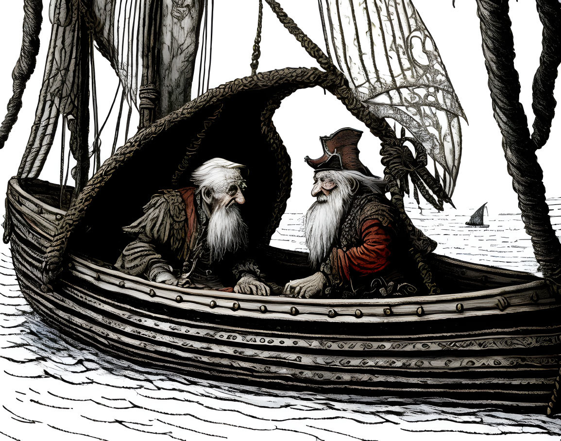 Elderly bearded pirates talking on sailboat in serene sea