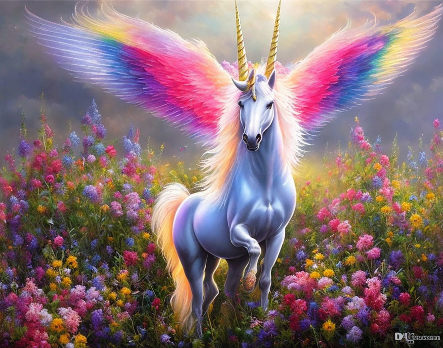 Colorful Unicorn with Multicolored Wings in Flower Field