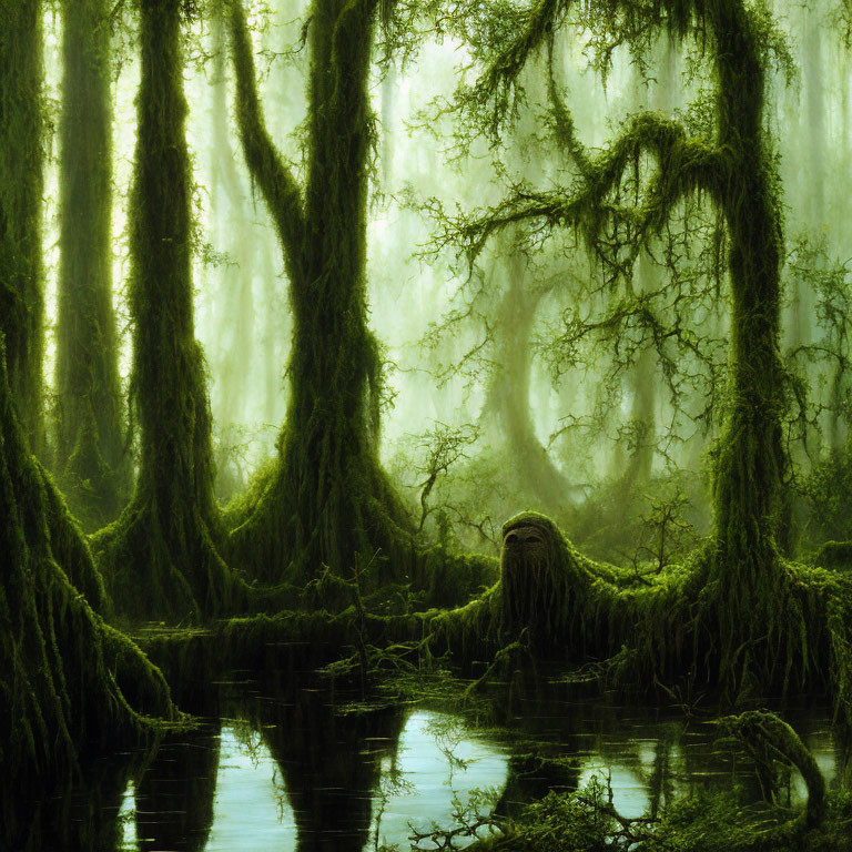 Moss-covered trees in misty forest with twisted branches and serene water body.