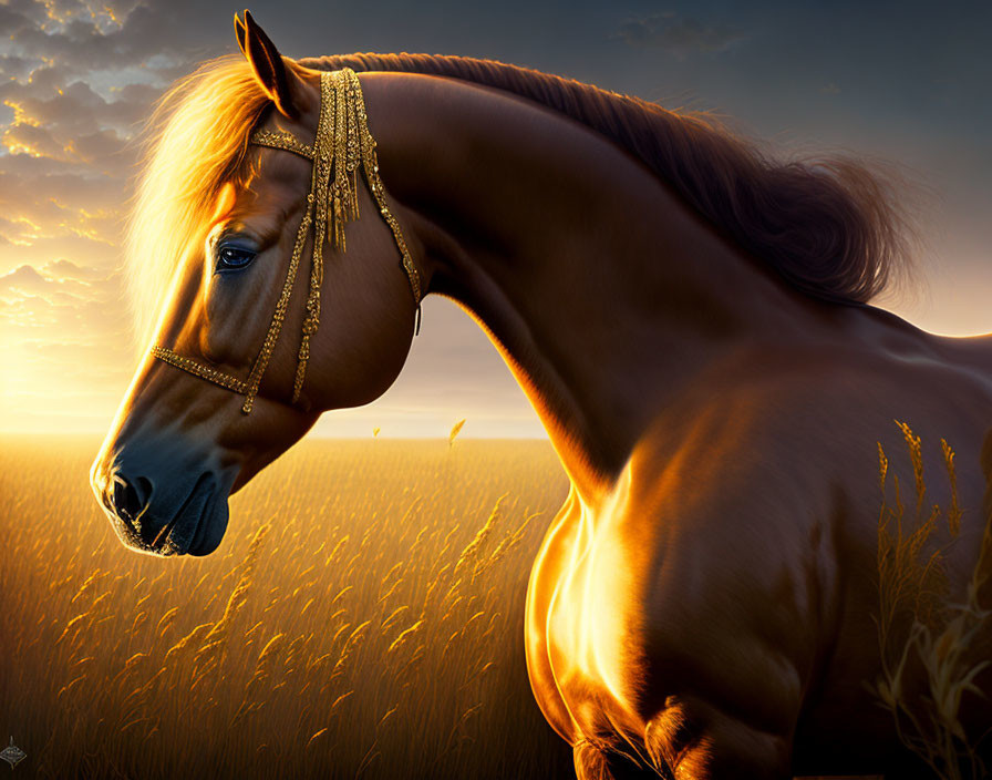 Majestic brown horse with golden mane in field at sunset
