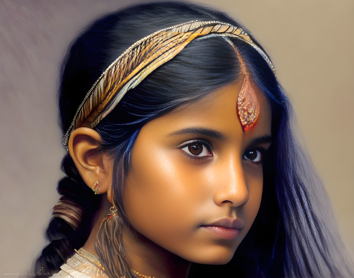 Traditional Indian jewelry adorns dark-haired girl in profile