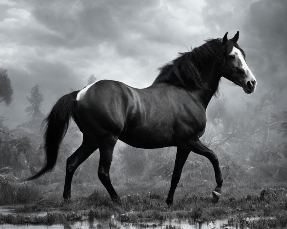 Black horse with white blaze trotting in misty wetland under cloudy sky