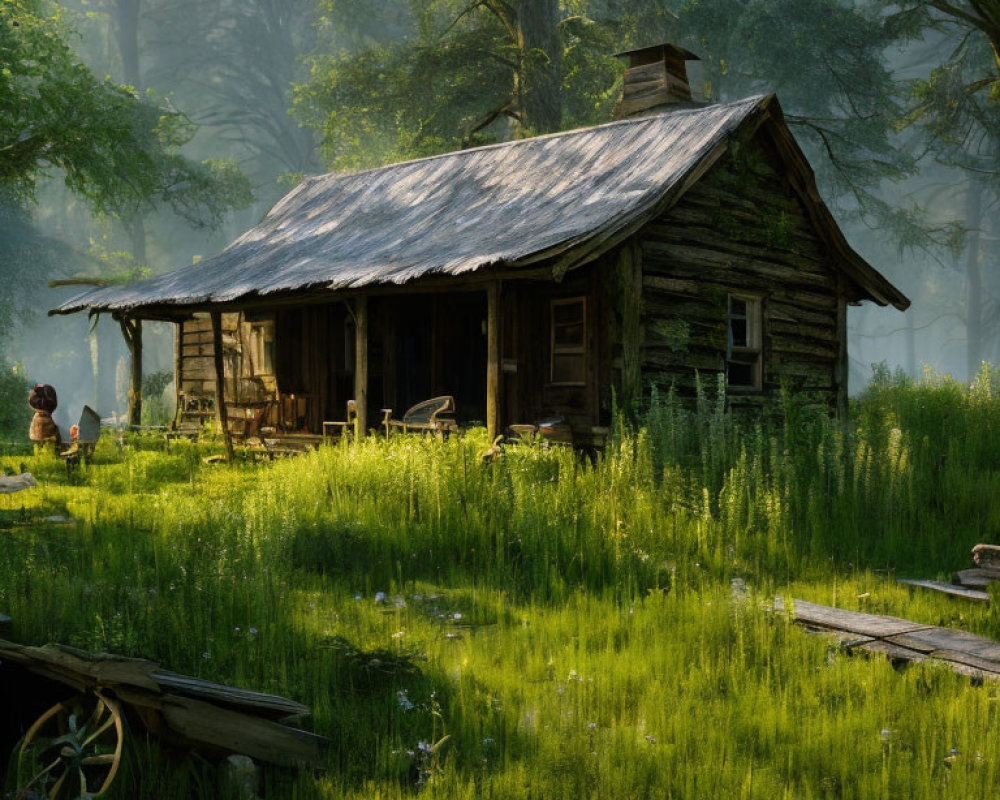 Rusty metal roof on old wooden cabin in sunlit forest clearing