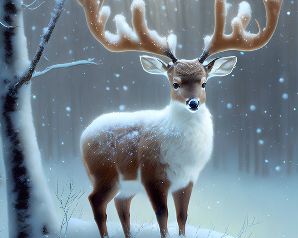 Snow-dusted deer with large antlers in tranquil snowy forest