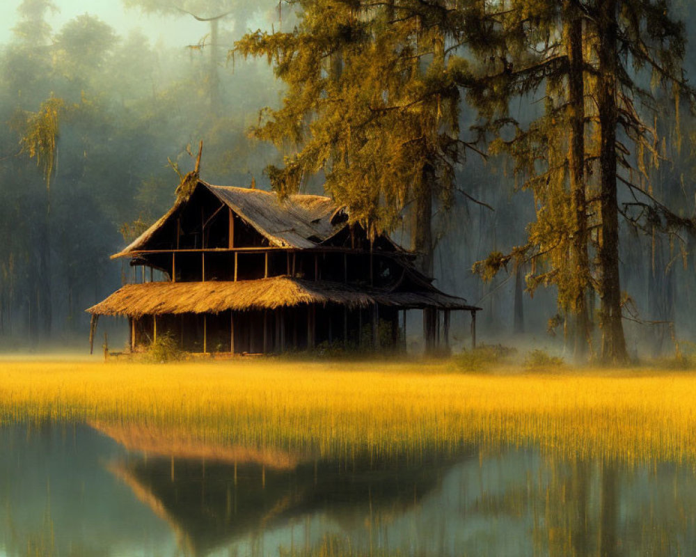 Tranquil Lake Scene with Thatched-Roof House and Lush Trees