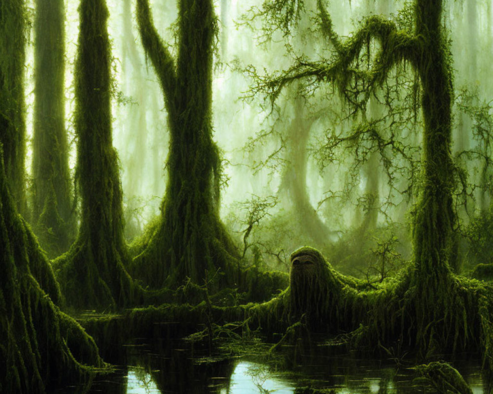 Moss-covered trees in misty forest with twisted branches and serene water body.