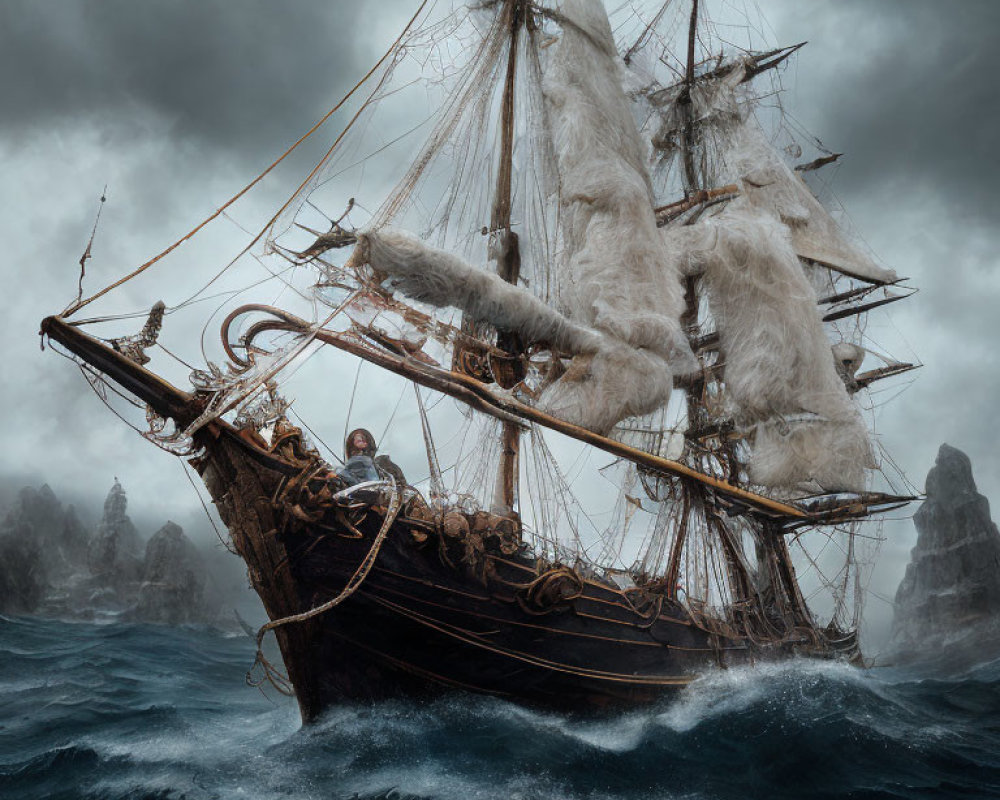 Sailor navigating old sailing ship in stormy sea with tattered sails.