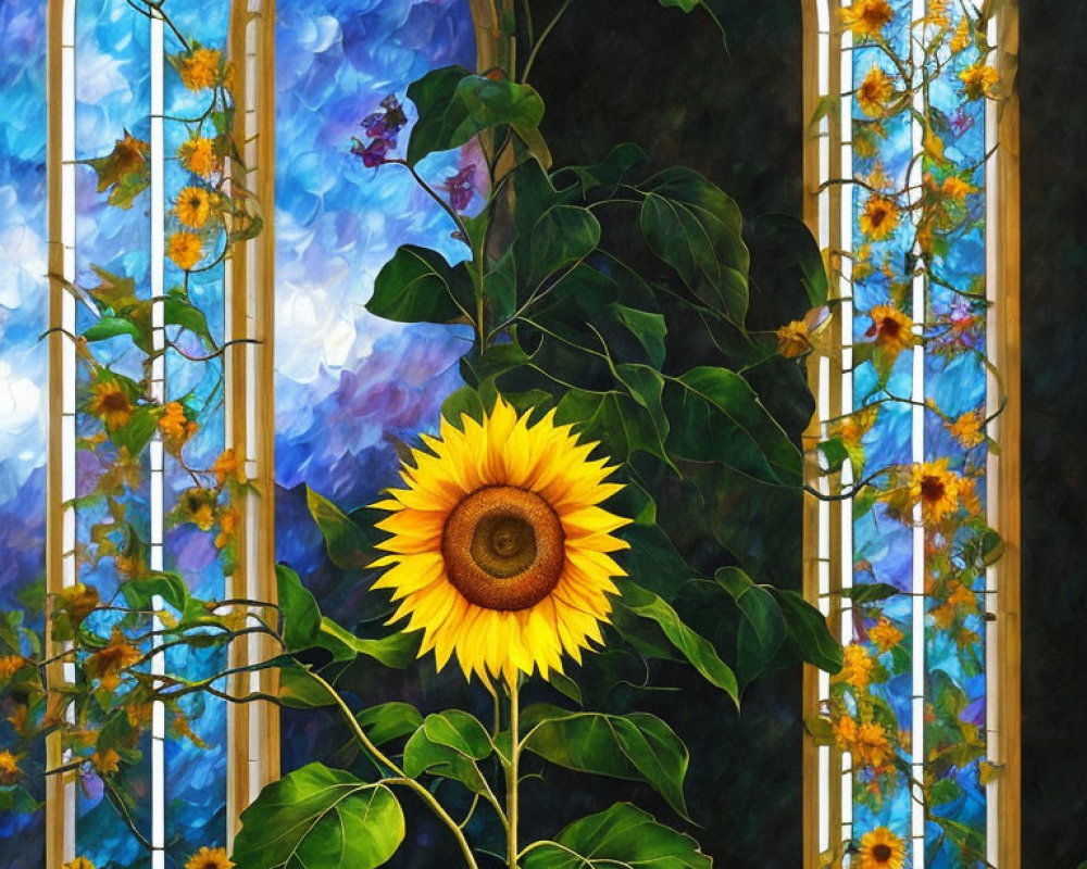 Colorful sunflower painting with stained glass window and blue skies