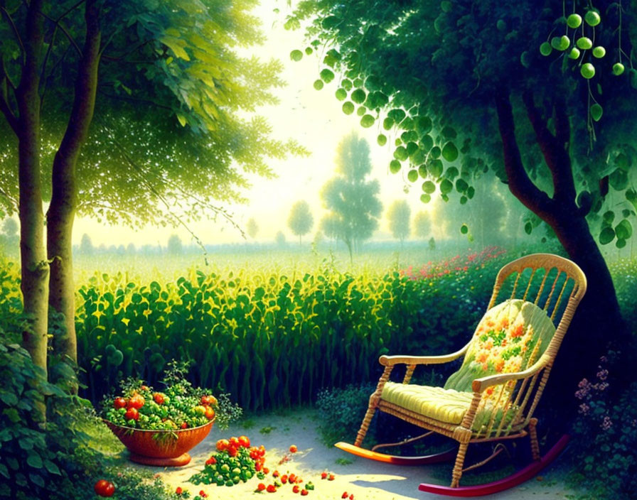 Tranquil garden scene with rocking chair, flowers, apples, and sunlight