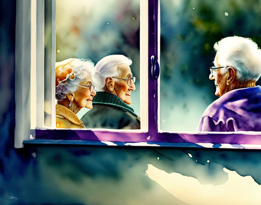 Elderly couple gazing out window in serene watercolor scene