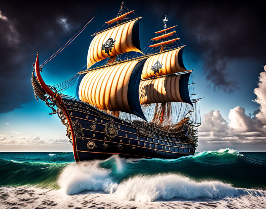 Ornate sailing ship with billowing sails in turbulent seas