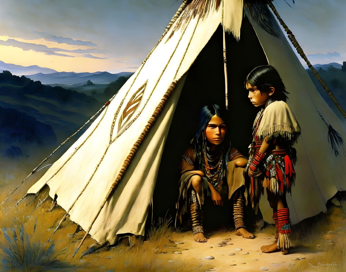 Native Americans in traditional attire by tipi at twilight