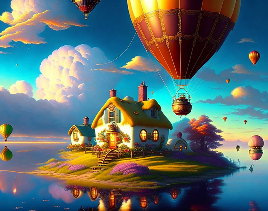 Ivy-covered cottage on lush peninsula with hot air balloons