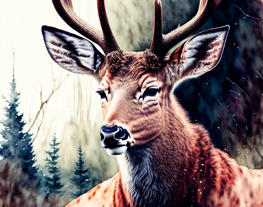 Majestic deer with prominent antlers in mystical forest setting