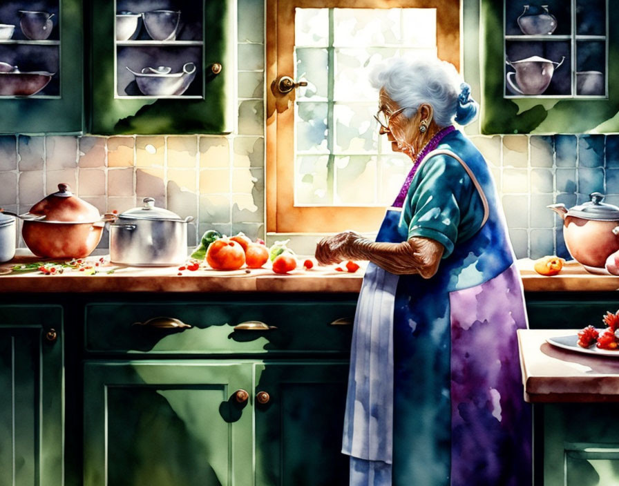 Elderly Woman in Colorful Apron Cooking in Cozy Kitchen