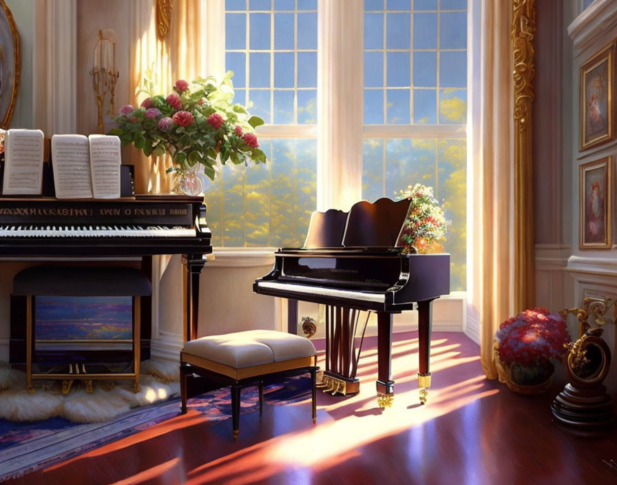 Elegant room with grand piano, sunlight, flowers, and garden view