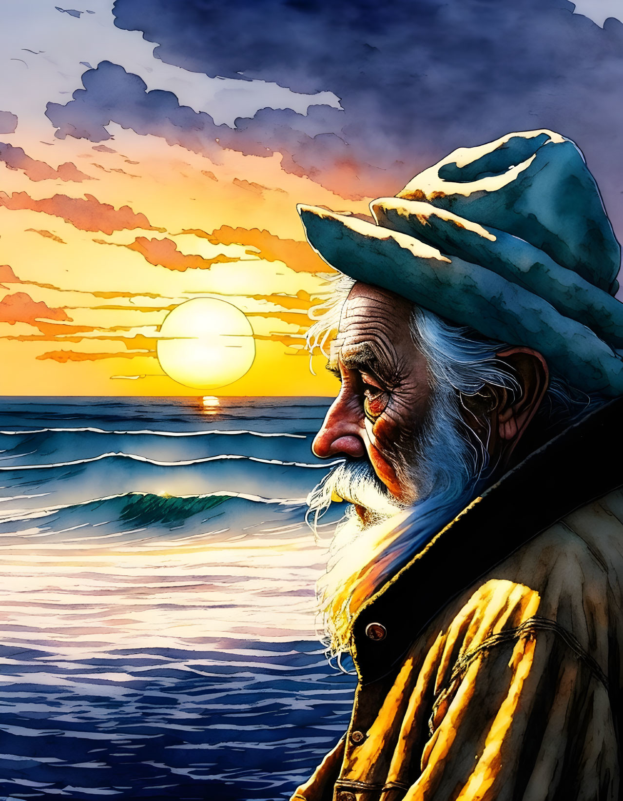 Elderly bearded man in hat gazes at vibrant ocean sunset