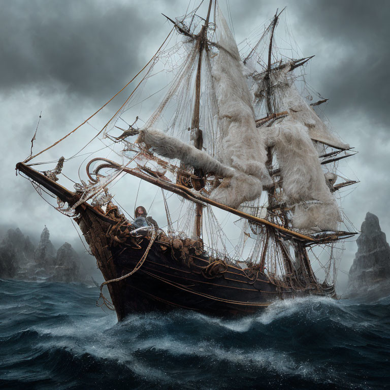 Sailor navigating old sailing ship in stormy sea with tattered sails.