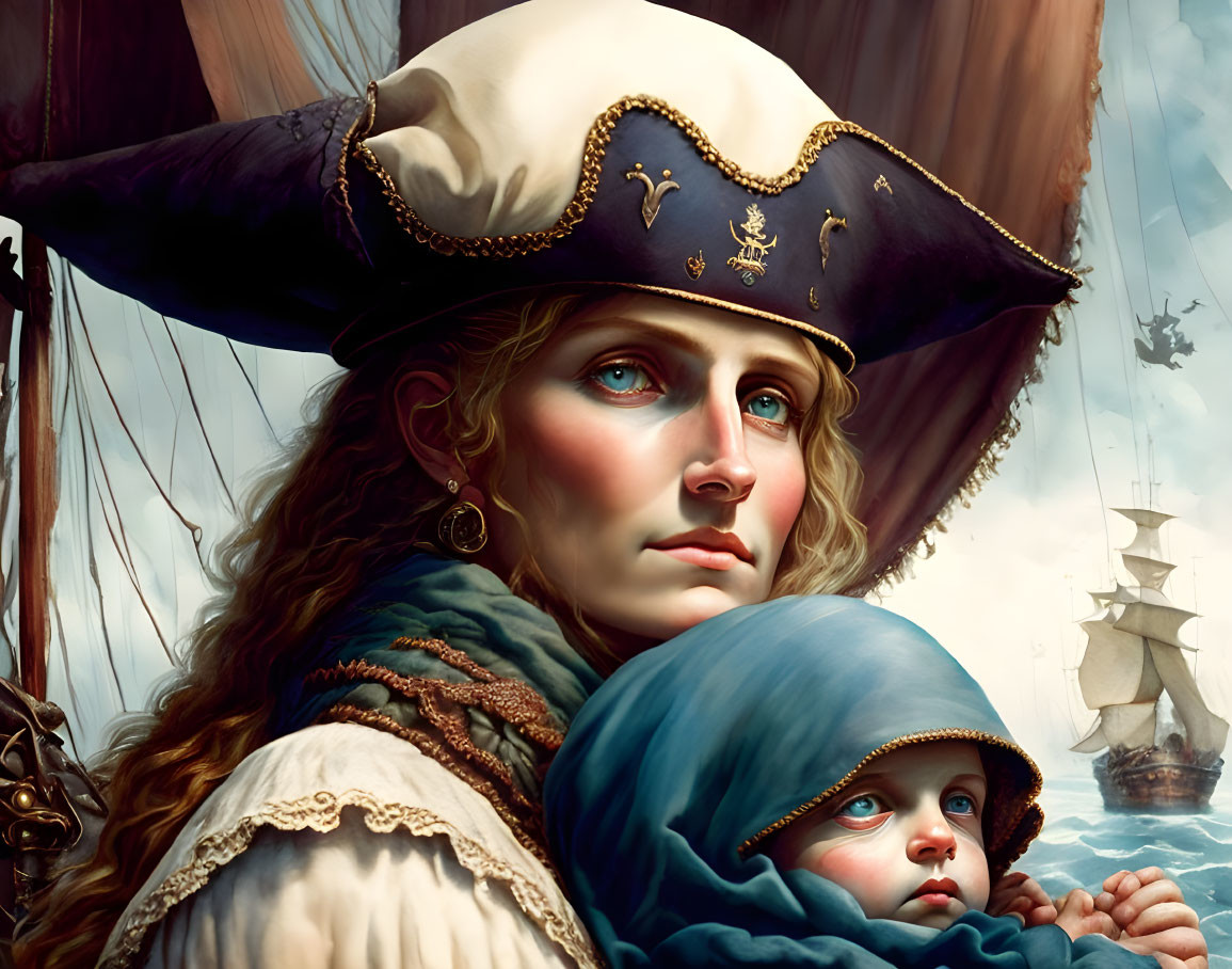 Historic pirate-themed artwork: Woman in tricorn hat with child, ship in background