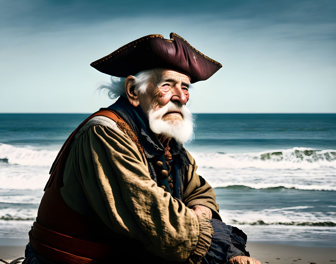 Elderly man in pirate costume looking at sea under blue sky