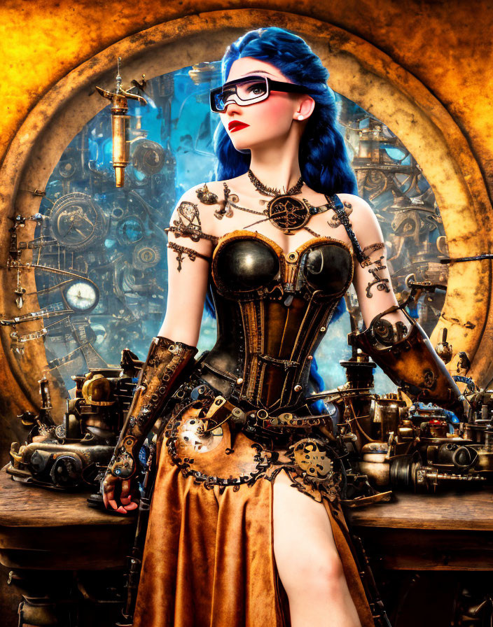 Steampunk-themed woman with corset and goggles among gears