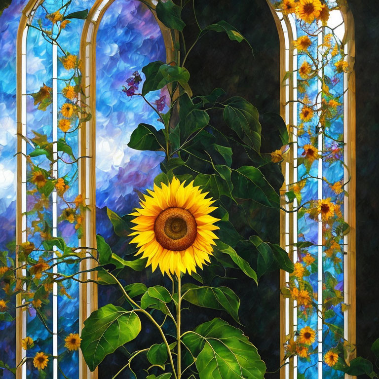 Colorful sunflower painting with stained glass window and blue skies