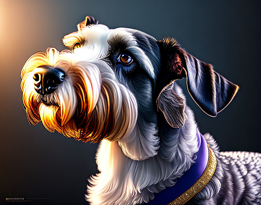 Detailed schnauzer illustration with dramatic lighting and purple collar.