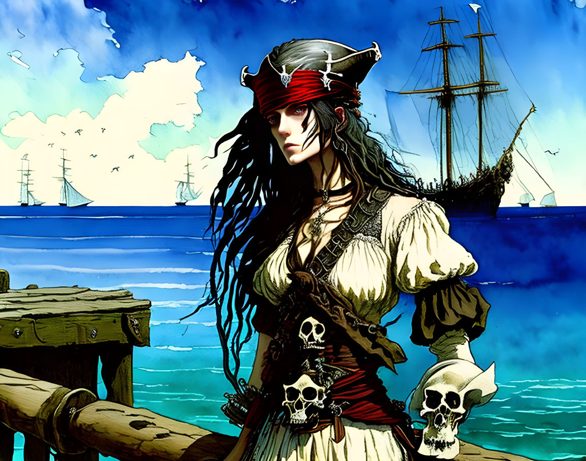 Female pirate with red bandana and skull accessories on dock.