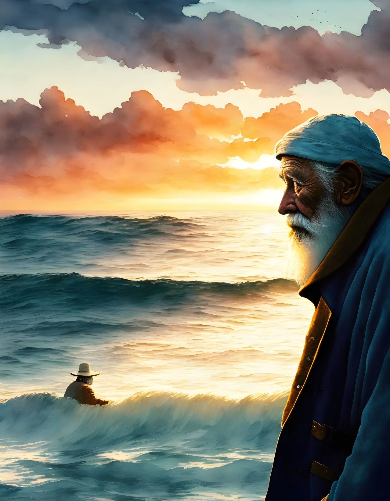 Elderly seafarer admiring sunset with small boat in background