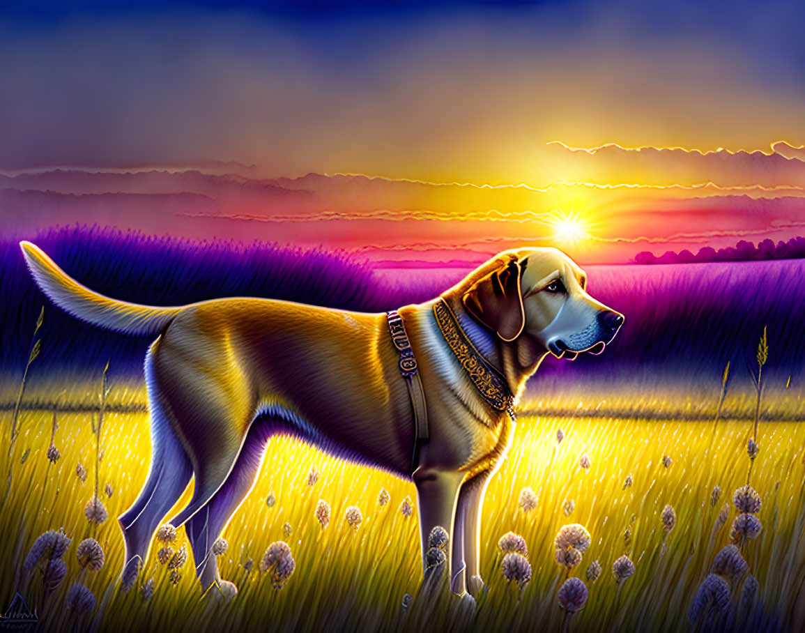 Golden dog in tall grass field at sunset with purple sky & low sun horizon.