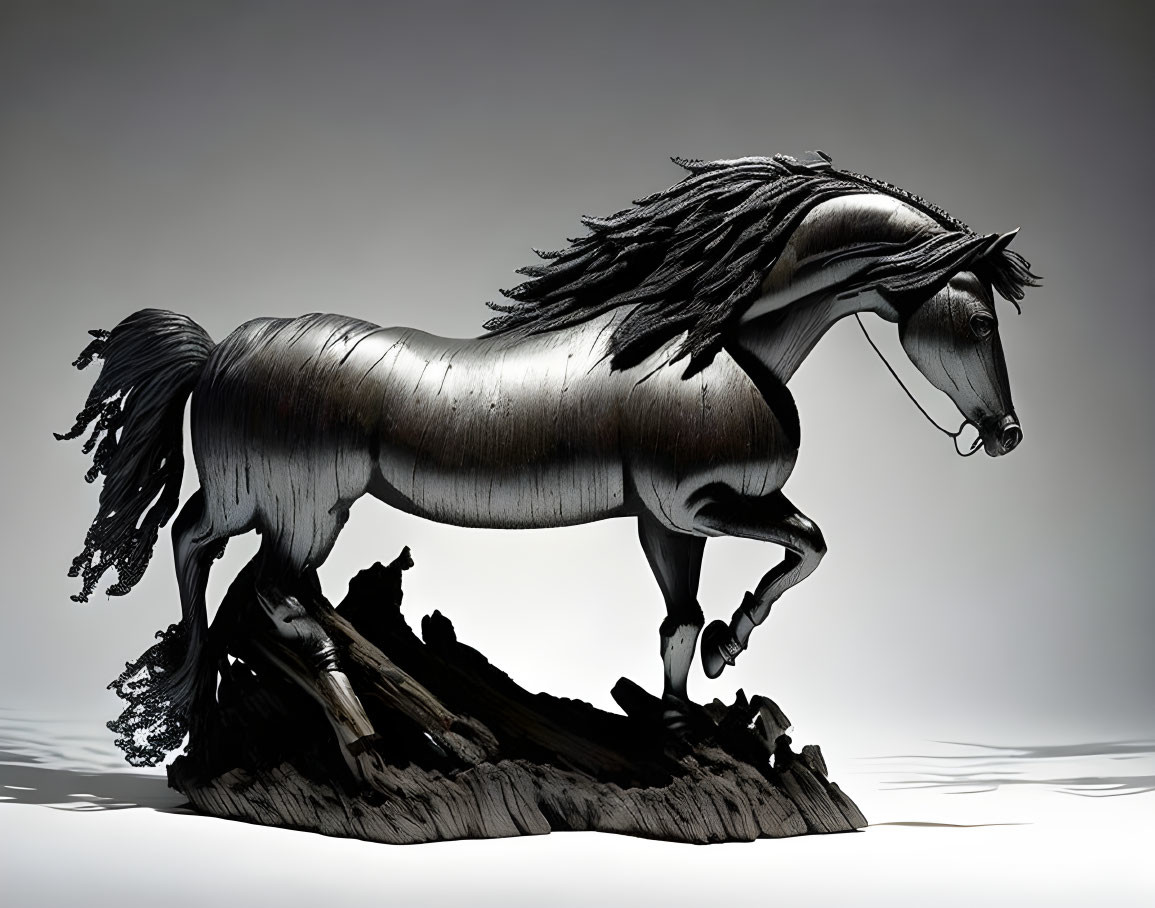 Metallic Horse Sculpture Galloping on Wooden Base