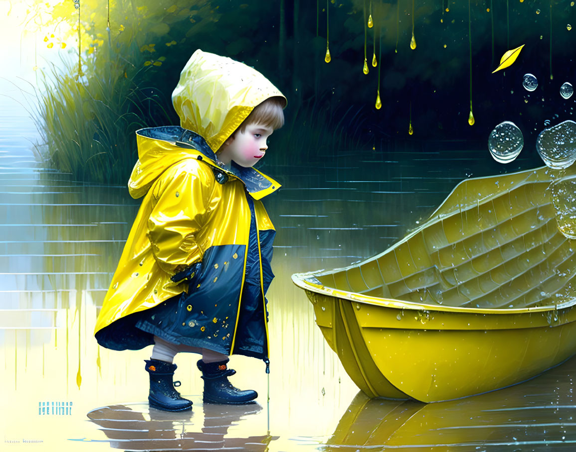 Child in Yellow Raincoat Observing Floating Yellow Umbrella in Puddle