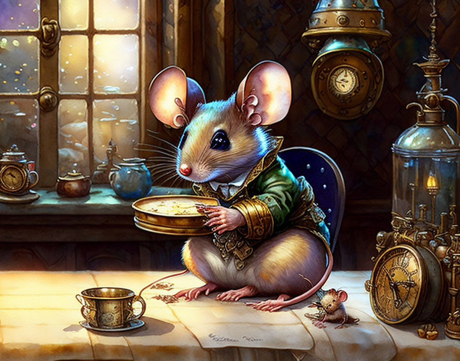 Renaissance-dressed anthropomorphic mouse at wooden table in cozy vintage room