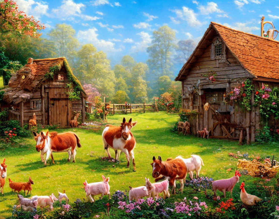 Rural landscape with wooden cottage, animals, and flowers